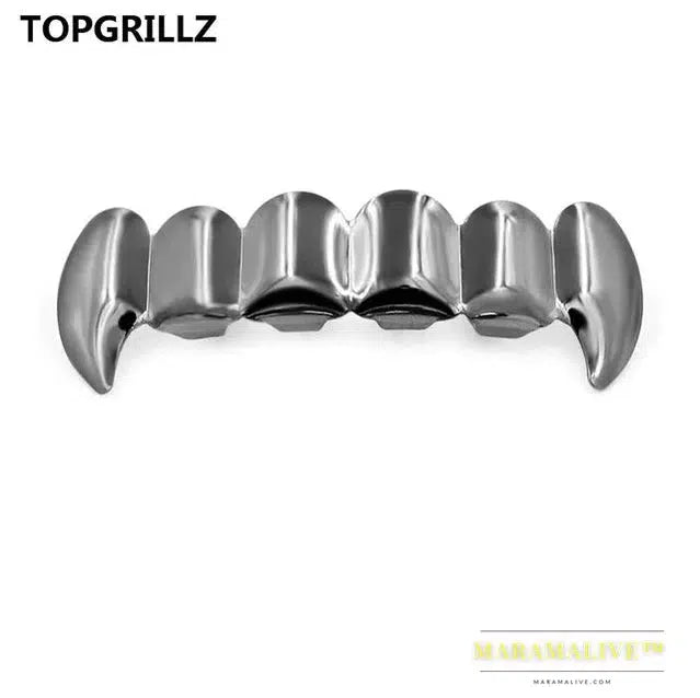 Gold Silver Plated HIP HOP Teeth Grillz Top & Bottom Grills Set With silicone Real Shiny Vampire Tooth Sets