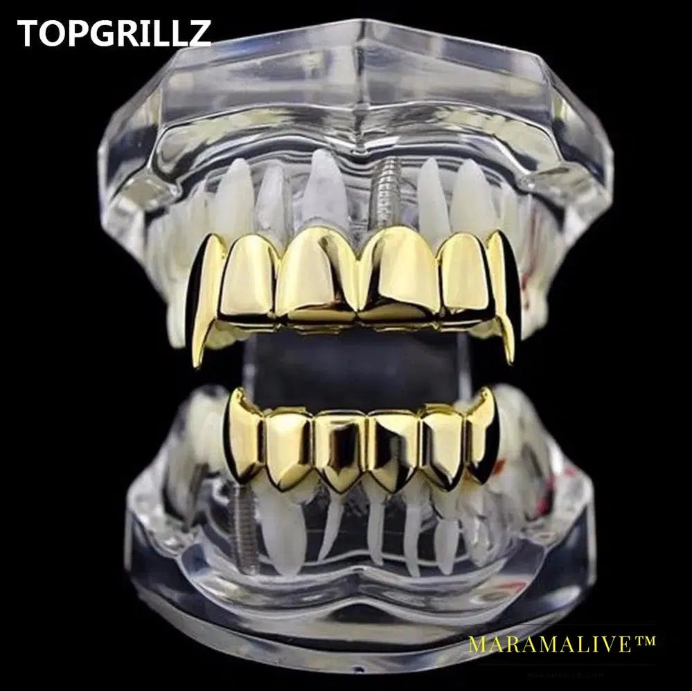 Gold Silver Plated HIP HOP Teeth Grillz Top & Bottom Grills Set With silicone Real Shiny Vampire Tooth Sets