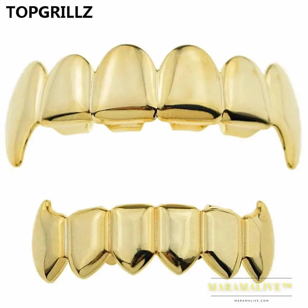 Gold Silver Plated HIP HOP Teeth Grillz Top & Bottom Grills Set With silicone Real Shiny Vampire Tooth Sets