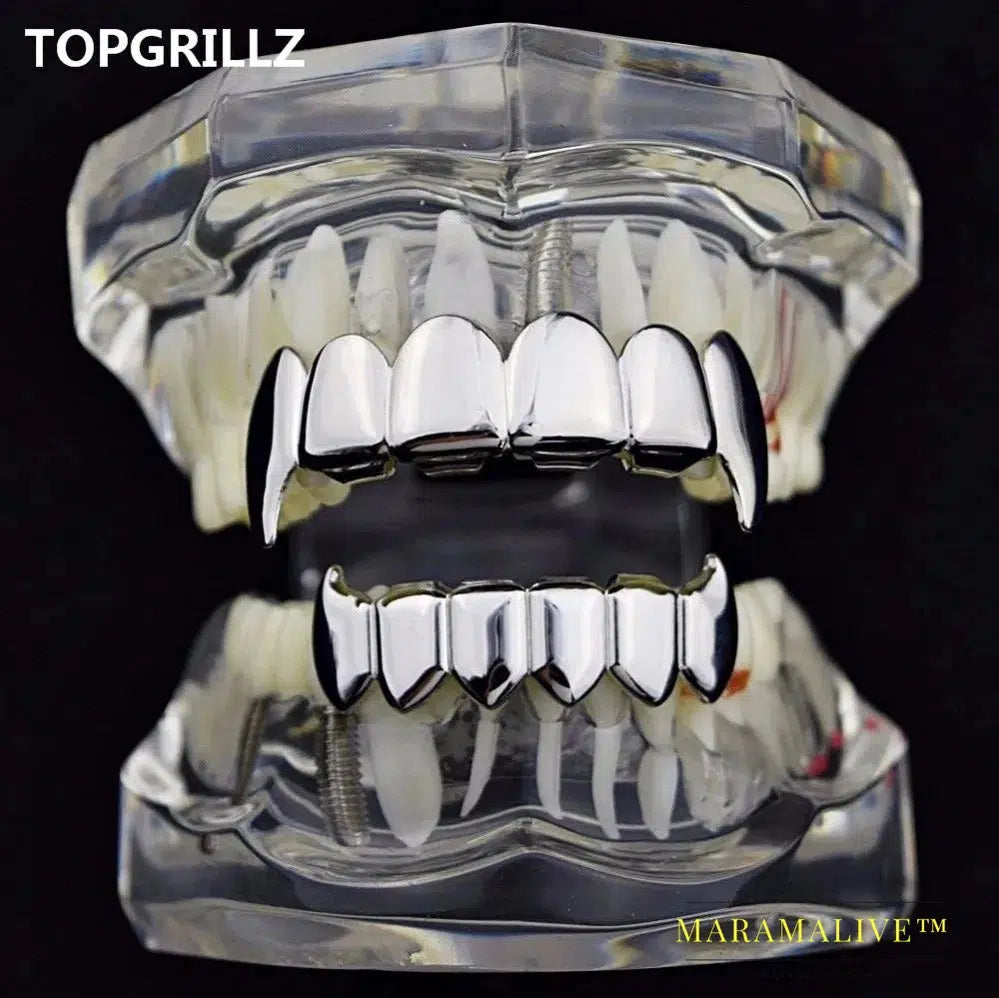 Gold Silver Plated HIP HOP Teeth Grillz Top & Bottom Grills Set With silicone Real Shiny Vampire Tooth Sets