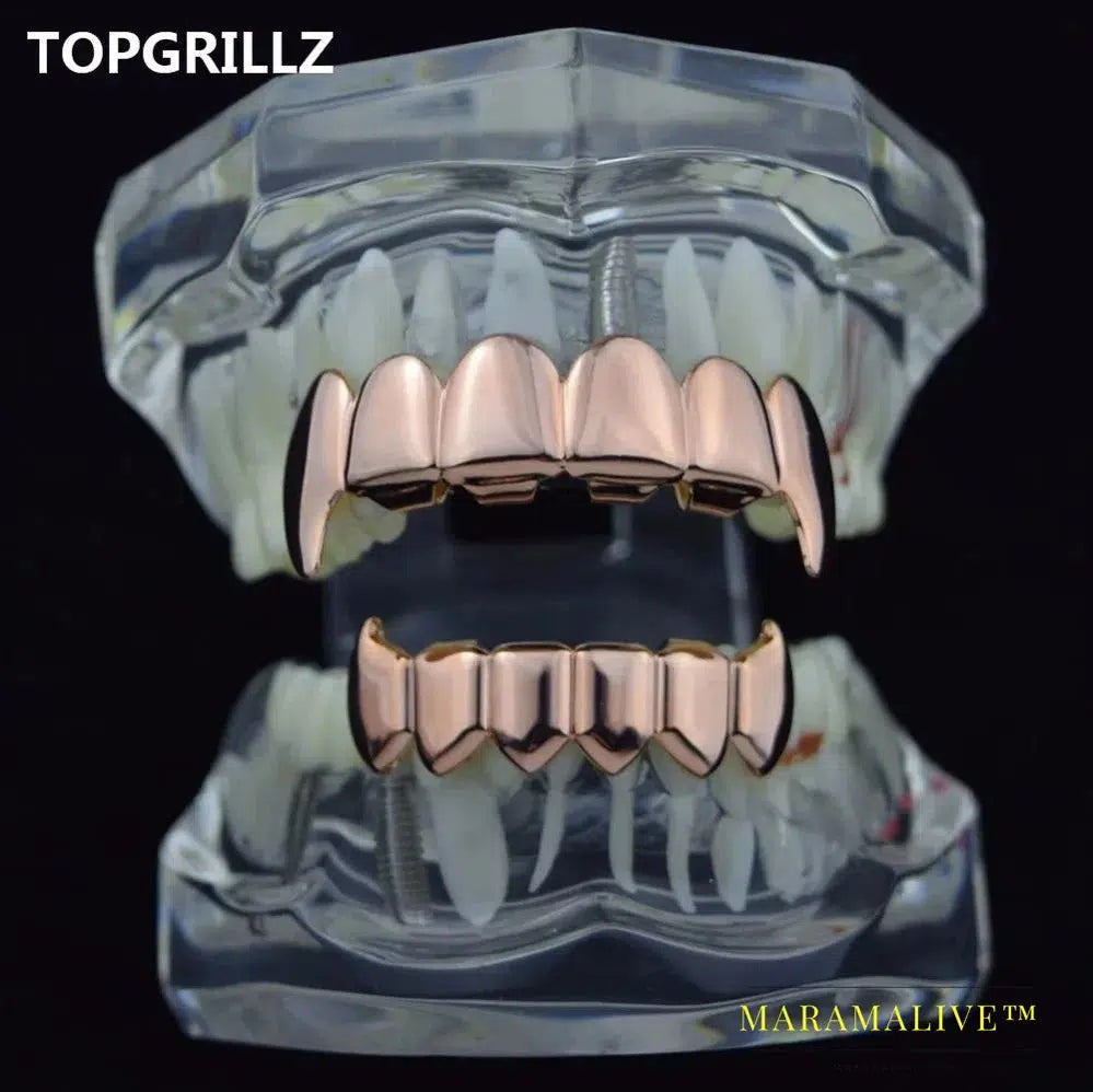 Gold Silver Plated HIP HOP Teeth Grillz Top & Bottom Grills Set With silicone Real Shiny Vampire Tooth Sets