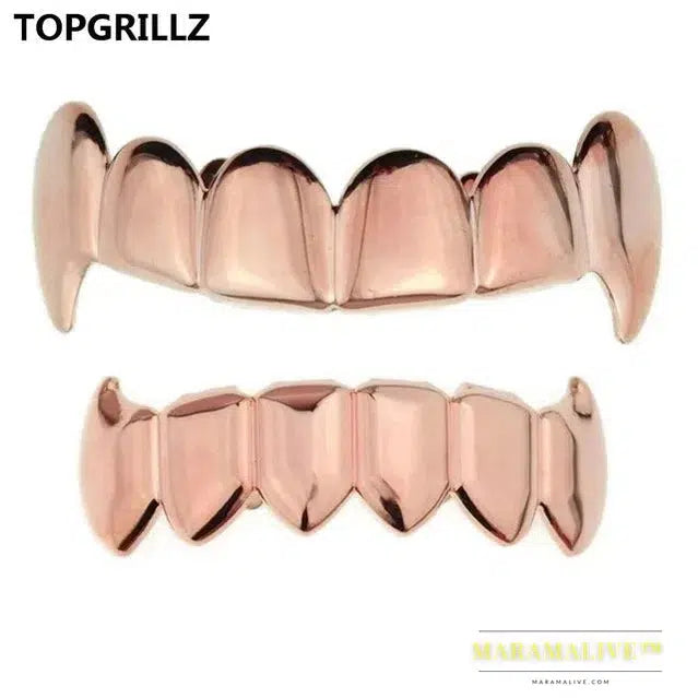 Gold Silver Plated HIP HOP Teeth Grillz Top & Bottom Grills Set With silicone Real Shiny Vampire Tooth Sets