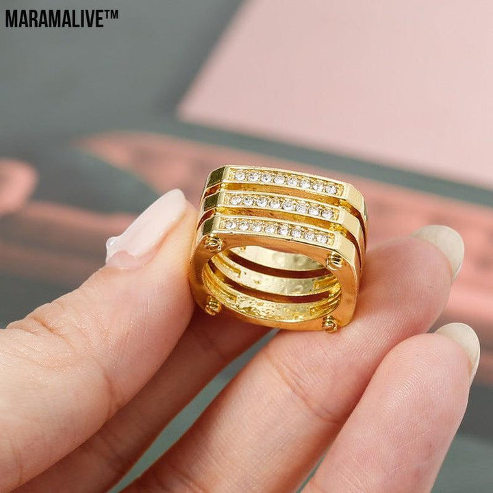 Gold Three-row Diamond Hollow Geometric Ring