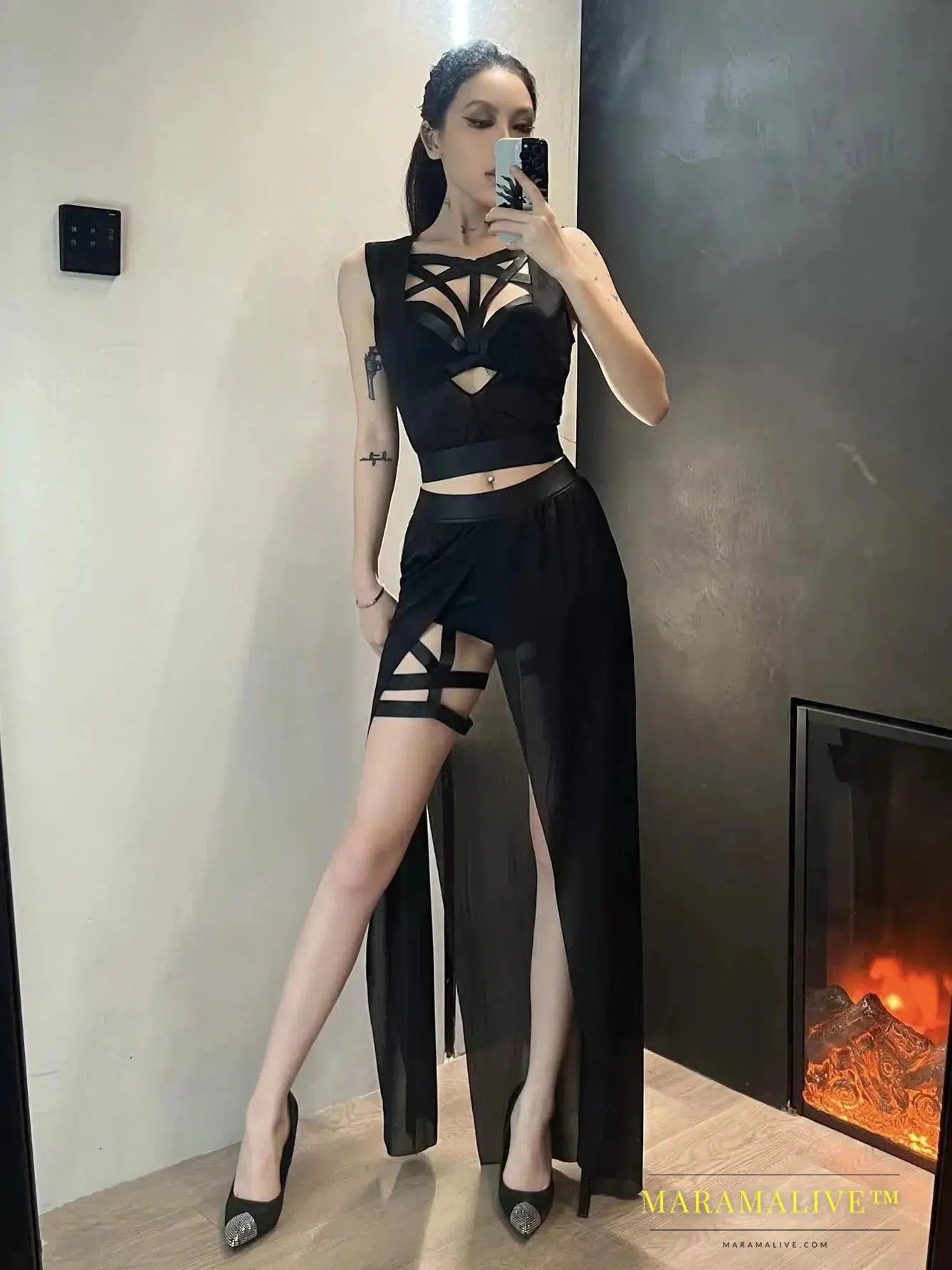 Goth Club Mesh Sexy Summer Corsets Skirt Set Women Sleeveless Black Crop Bra Top Bandage Underpants Slit Skirt 4pcs Sets