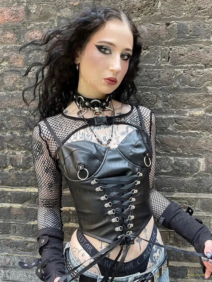 Goth Cyberpunk Mall Goth Pu Camis Women Streetwear Harajuku Bandage Corset Crop Tank Tops Emo Alternative Rave Outfits Female