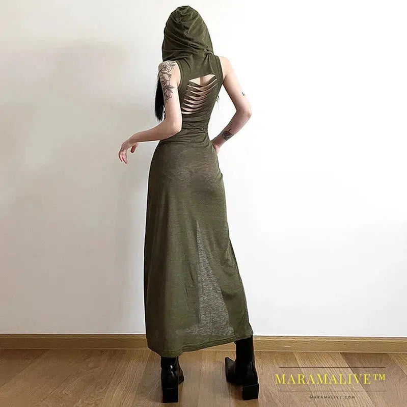 Goth Dark Cyber Gothic Desert Walker Hooded Dresses Y2k Punk Grunge Hollow Out Midi Dress Women Sexy Split Side Solid Streetwear