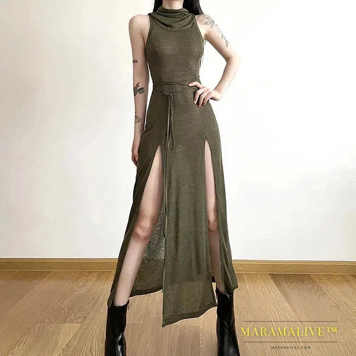 Goth Dark Cyber Gothic Desert Walker Hooded Dresses Y2k Punk Grunge Hollow Out Midi Dress Women Sexy Split Side Solid Streetwear