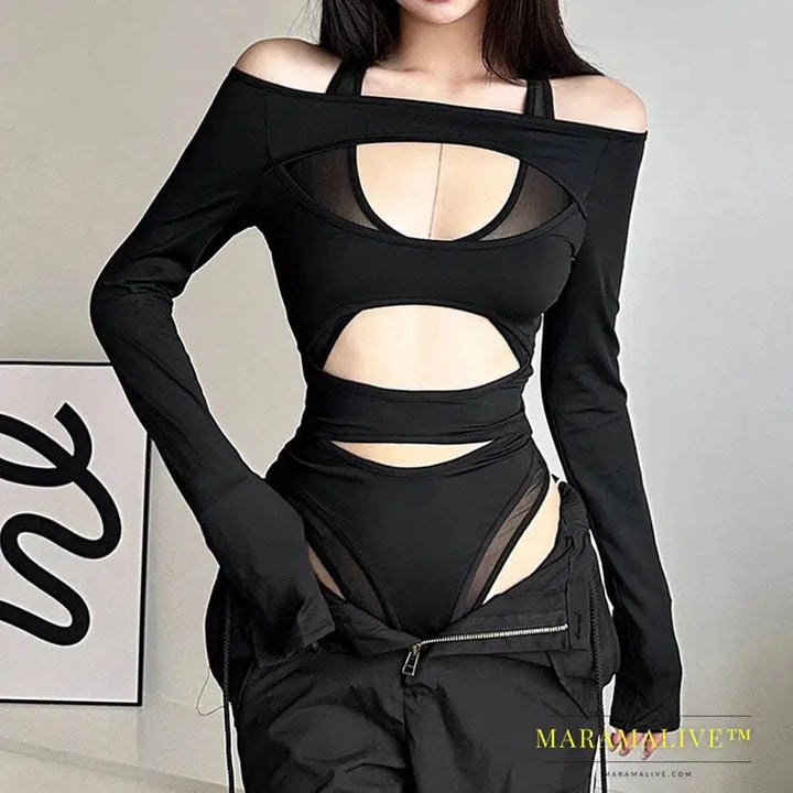 Goth Dark Cyber Y2k Punk Hollow Out Sexy Bodysuits Mall Gothic Bodycon Mesh Sheer T-shirts Women Long Sleeve Patchwork Bodysuit