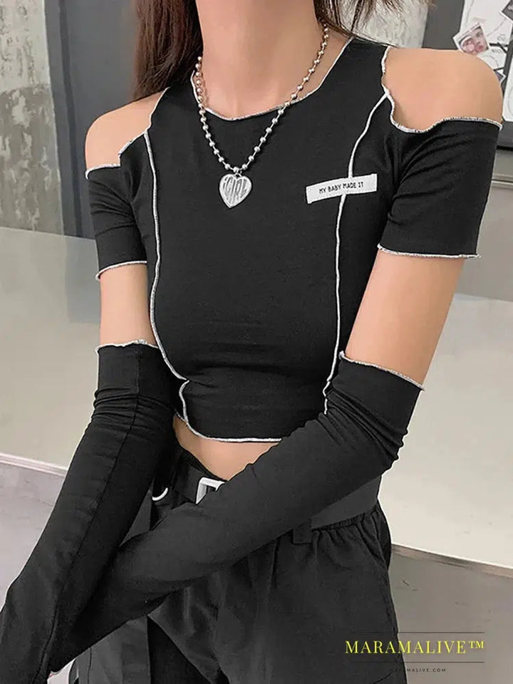 Goth Dark E-girl Style Patchwork Black T-shirts Gothic Open Shoulder Sleeve Y2k Crop Tops Ruffles Hem Hip Hop Techwear Women Tee