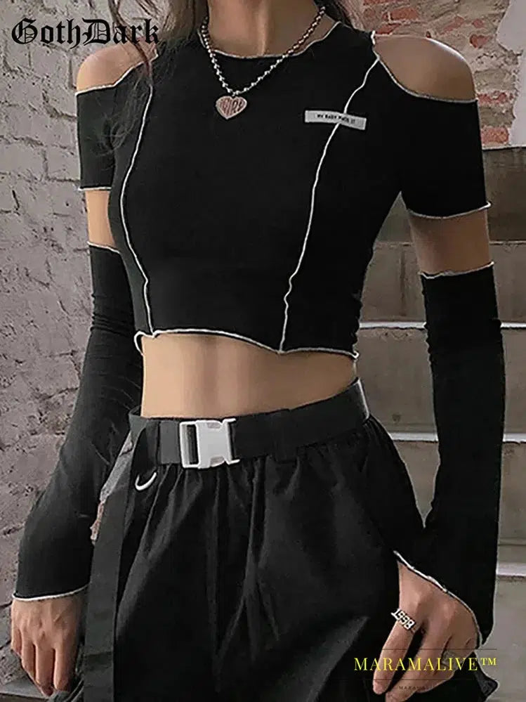 Goth Dark E-girl Style Patchwork Black T-shirts Gothic Open Shoulder Sleeve Y2k Crop Tops Ruffles Hem Hip Hop Techwear Women Tee