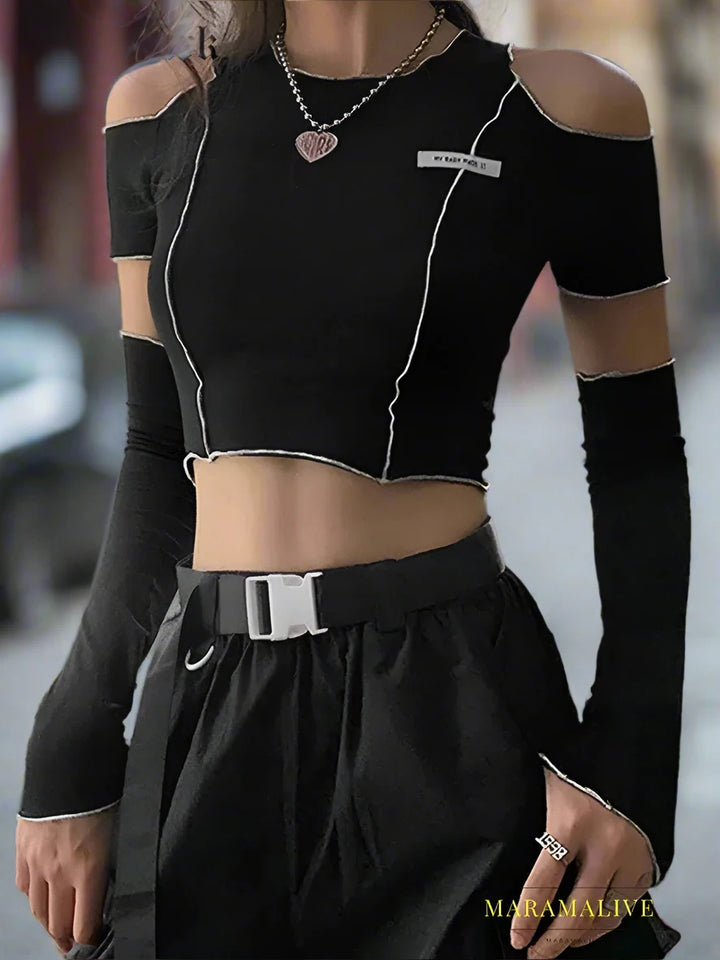 Goth Dark E-girl Style Patchwork Black T-shirts Gothic Open Shoulder Sleeve Y2k Crop Tops Ruffles Hem Hip Hop Techwear Women Tee