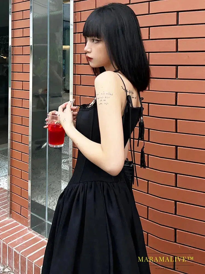 Goth Dark Elegant Lolita Mall Gothic Bodycon Long Dresses E-girl Grunge Style Lace Up Women Black Dress Alt Sexy Sling Partywear