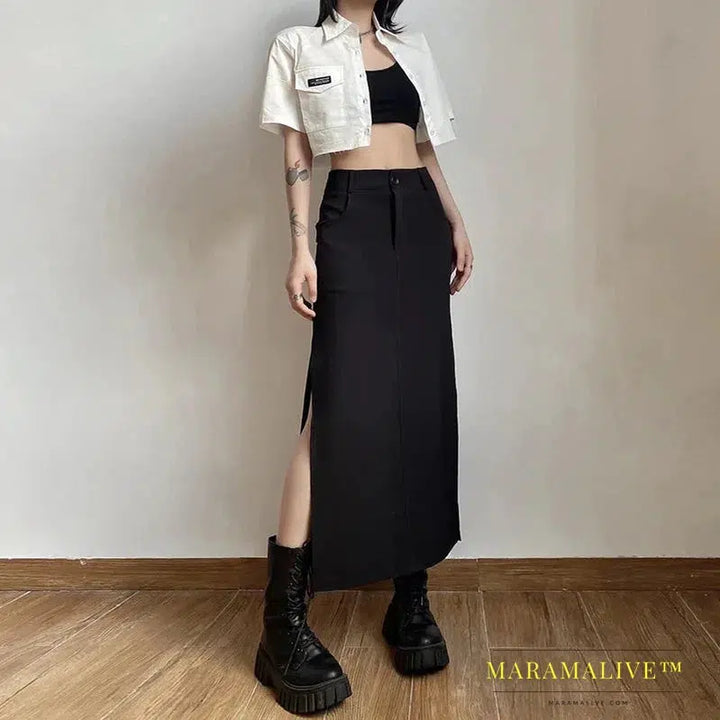 Goth Dark Elegant Mall Gothic Trumpet Women Midi Skirts Grunge High Waist Split Sexy Club Long Skirt Slim Party Streetwear