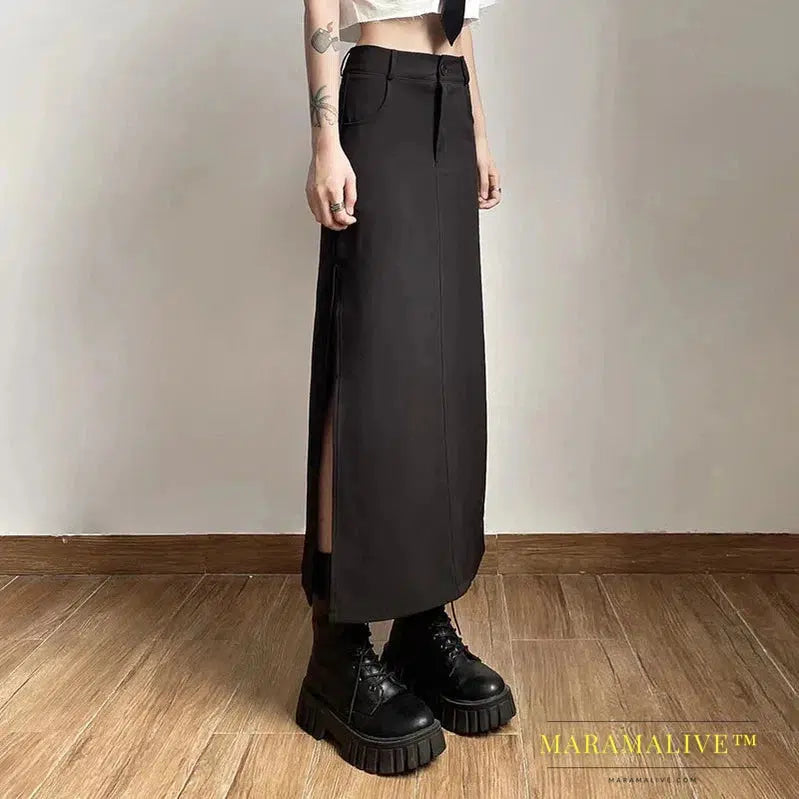 Goth Dark Elegant Mall Gothic Trumpet Women Midi Skirts Grunge High Waist Split Sexy Club Long Skirt Slim Party Streetwear