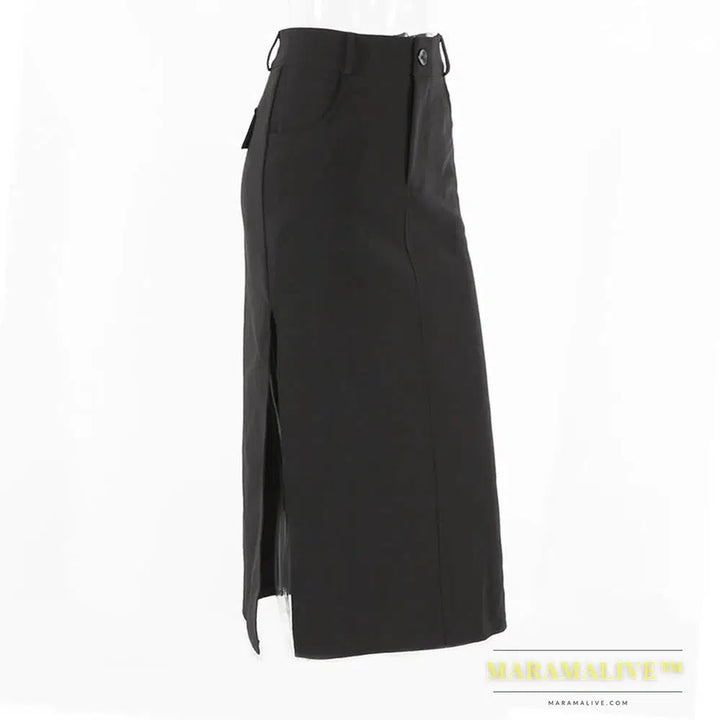 Goth Dark Elegant Mall Gothic Trumpet Women Midi Skirts Grunge High Waist Split Sexy Club Long Skirt Slim Party Streetwear