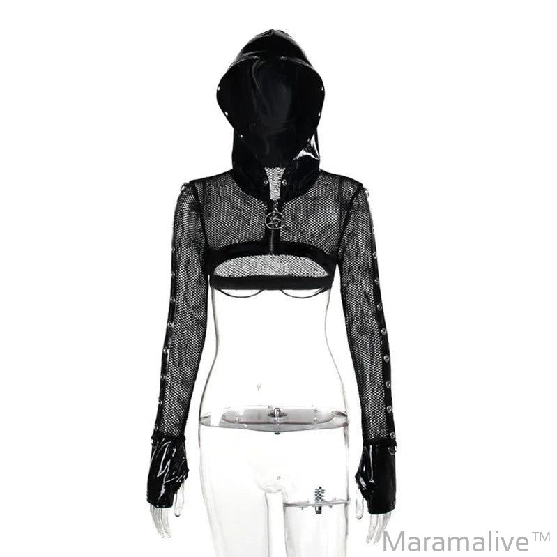 Goth Dark Grunge Punk Fishnet Zip Up Cardigans Mall Gothic Faux Pu Hooded Crop Jackets Women Sexy Streetwear Club Alt Smock Tops