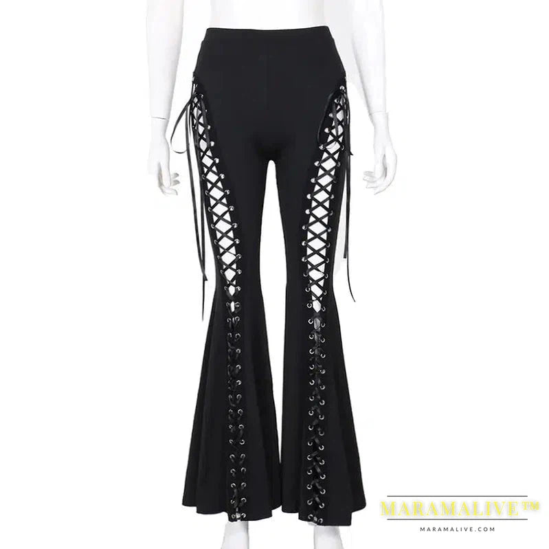 Goth Dark Grunge Streetwear Black Bandage Trousers Cyber Gothic Punk Hollow Out Flare Pants Women Emo High Waist Sexy Alt Bottom