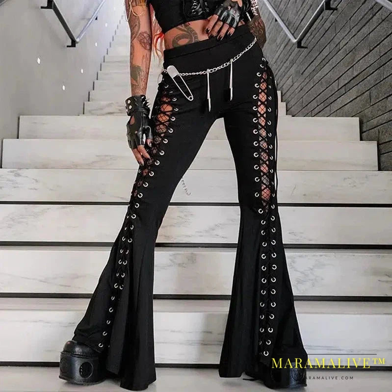 Goth Dark Grunge Streetwear Black Bandage Trousers Cyber Gothic Punk Hollow Out Flare Pants Women Emo High Waist Sexy Alt Bottom