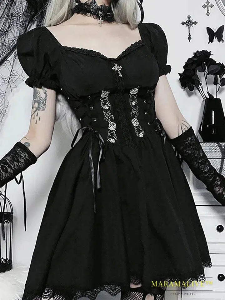 Goth Dark Lolita Mall Gothic A-line Mini Dresses Grunge Style Black Bandage Corset Dress Women Emo Embroidery Alt Clothes