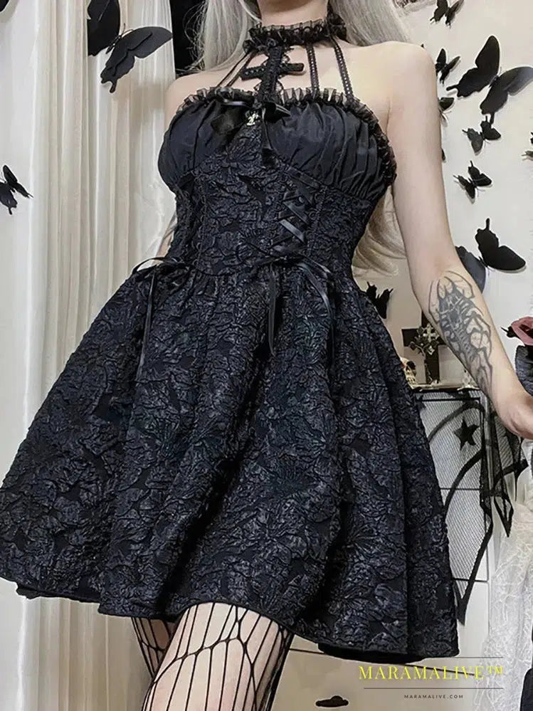 Goth Dark Mall Gothic Emo Jacquard A-line Dresses Elegant Grunge Ruched Bandage Partywear Punk Black Women Halloween Club Dress