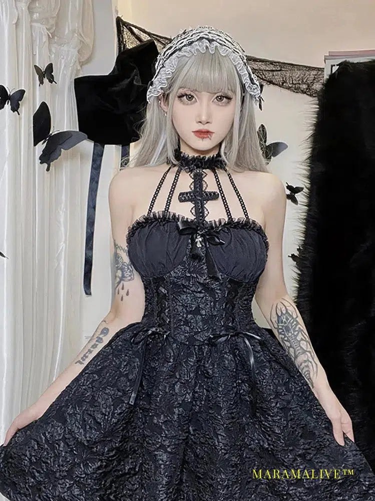 Goth Dark Mall Gothic Emo Jacquard A-line Dresses Elegant Grunge Ruched Bandage Partywear Punk Black Women Halloween Club Dress