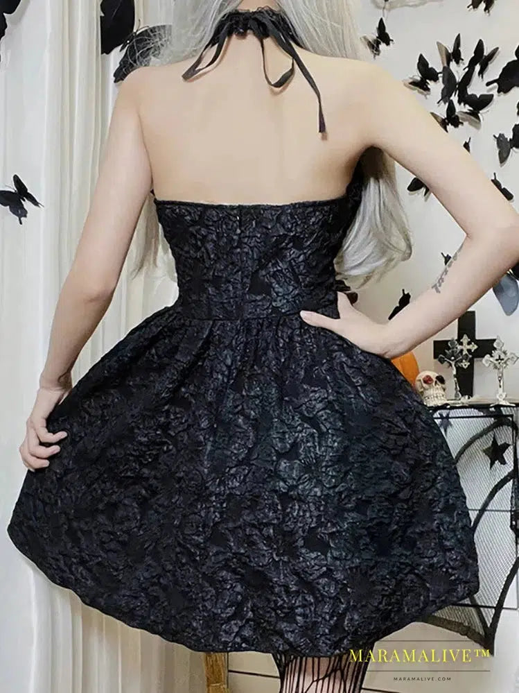 Goth Dark Mall Gothic Emo Jacquard A-line Dresses Elegant Grunge Ruched Bandage Partywear Punk Black Women Halloween Club Dress