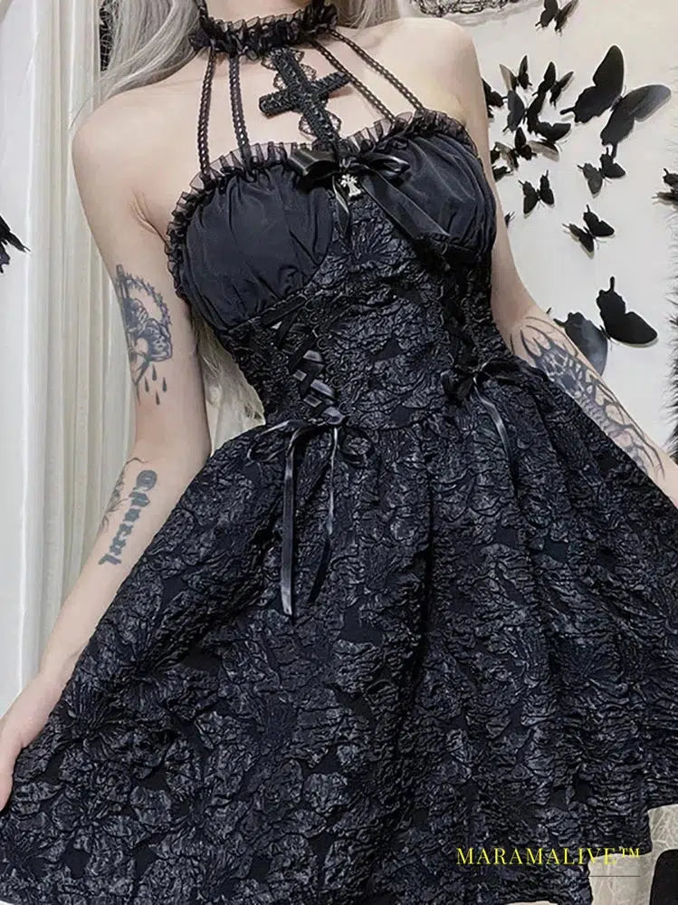 Goth Dark Mall Gothic Emo Jacquard A-line Dresses Elegant Grunge Ruched Bandage Partywear Punk Black Women Halloween Club Dress