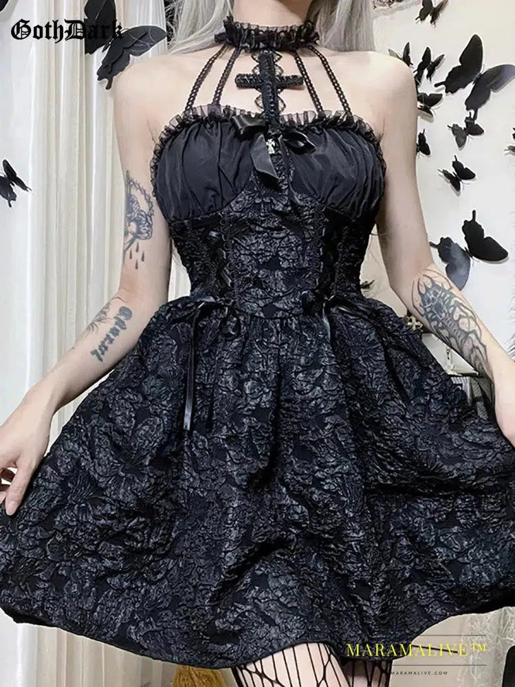 Goth Dark Mall Gothic Emo Jacquard A-line Dresses Elegant Grunge Ruched Bandage Partywear Punk Black Women Halloween Club Dress