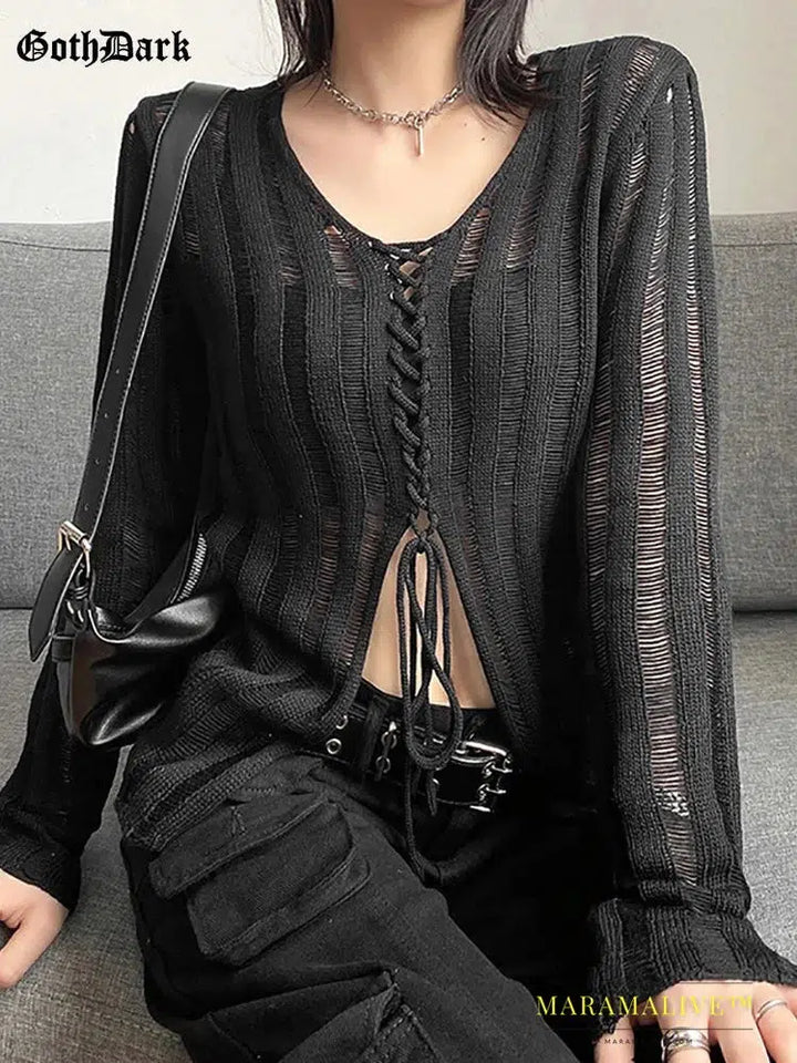 Goth Dark Mall Gothic See Through Bandage Blouse Grunge Black Casual Sexy Knitwear T-shirt Y2k Long Sleeve Streetwear Women Tops