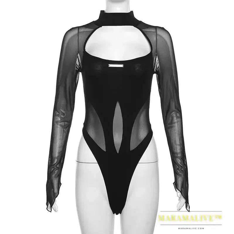 Goth Dark Sheer Mesh Patchwork Cyber Y2k Bodysuits Hollow Out Moto Biker Bodycon T-shirts Women Gothic Punk Long Sleeve Bodysuit