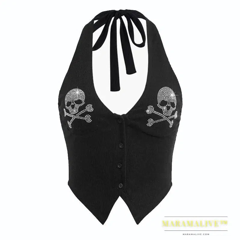 Goth Dark Skull Rhinestone Mall Gothic Halter Tops Grunge Aesthetic Button Up Emo Crop Top Punk Sexy Backless Bandage Alt Outfit