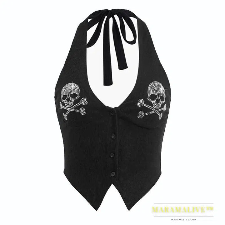 Goth Dark Skull Rhinestone Mall Gothic Halter Tops Grunge Aesthetic Button Up Emo Crop Top Punk Sexy Backless Bandage Alt Outfit