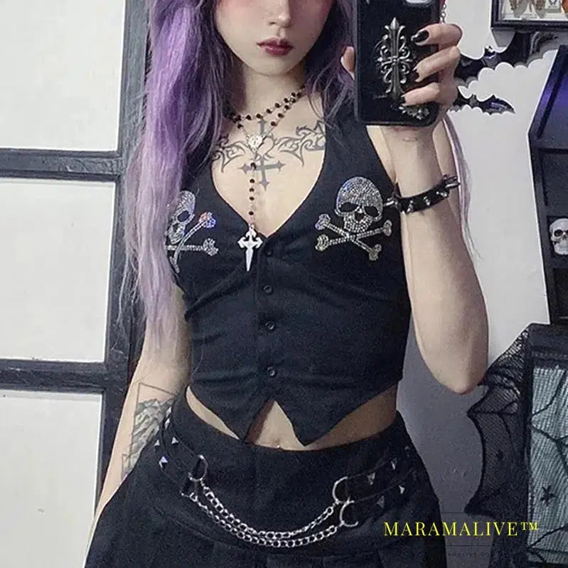 Goth Dark Skull Rhinestone Mall Gothic Halter Tops Grunge Aesthetic Button Up Emo Crop Top Punk Sexy Backless Bandage Alt Outfit