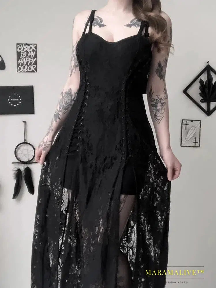 Goth Dark Split Mall Gothic Lace Sexy Bandage Midi Dresses Women Grunge Aesthetic Black Punk Sling Partywear Alternative Clothes