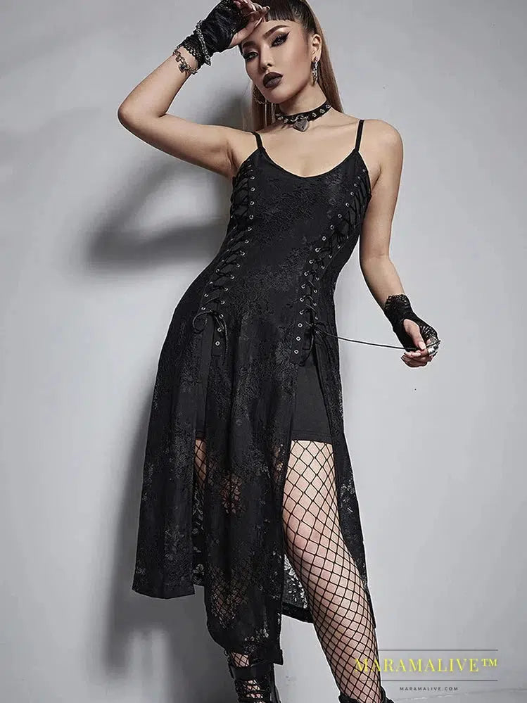 Goth Dark Split Mall Gothic Lace Sexy Bandage Midi Dresses Women Grunge Aesthetic Black Punk Sling Partywear Alternative Clothes