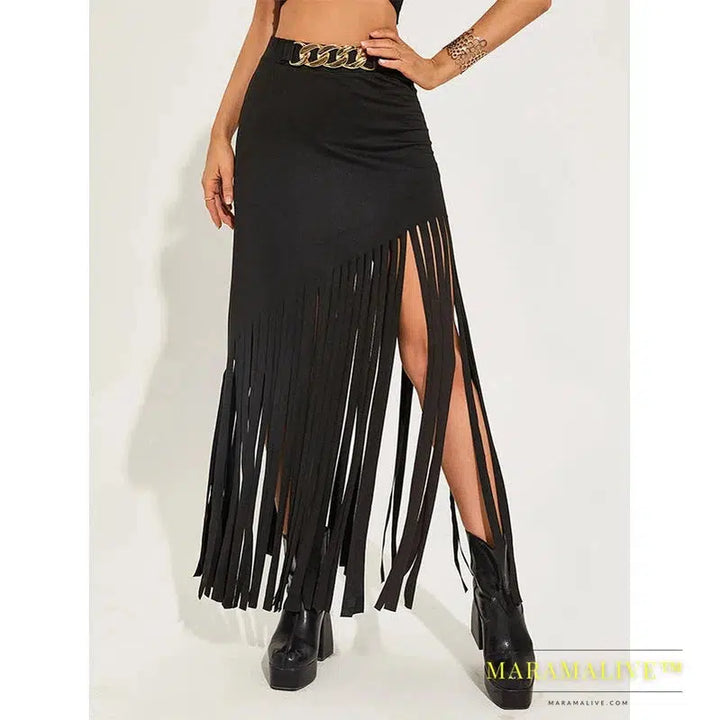 Goth Dark Tassel Punk Style Sexy Women Maxi Skirts Mall Gothic Grunge High Waist Long Skirt With Ring Belt Black Club Streetwear