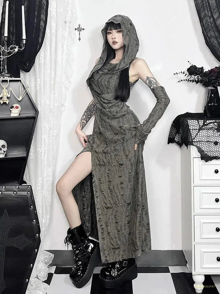 Goth Desert Punk Midi Dress Women Mall Goth Streetwear Harajuku Y2k E-girl Cyber Hooded Dress Vintage Hipster Casual Dress