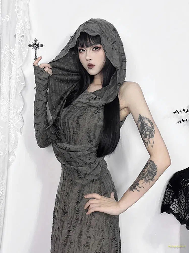 Goth Desert Punk Midi Dress Women Mall Goth Streetwear Harajuku Y2k E-girl Cyber Hooded Dress Vintage Hipster Casual Dress