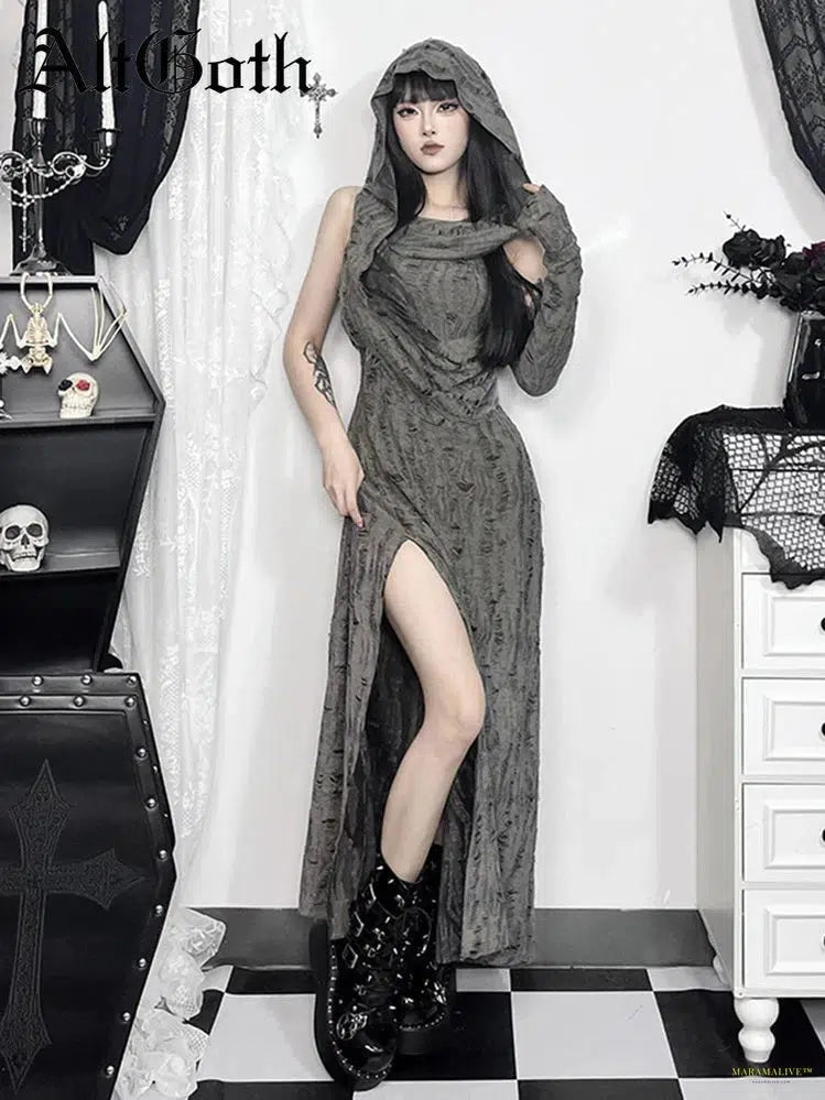 Goth Desert Punk Midi Dress Women Mall Goth Streetwear Harajuku Y2k E-girl Cyber Hooded Dress Vintage Hipster Casual Dress