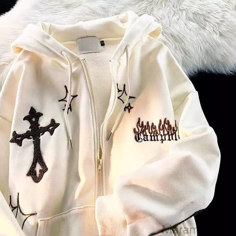 Goth Embroidery Hoodies Women High Street Retro Hip Hop Zip Up Hoodie Loose Casual Sweatshirt Hoodie Clothes Y2k Tops