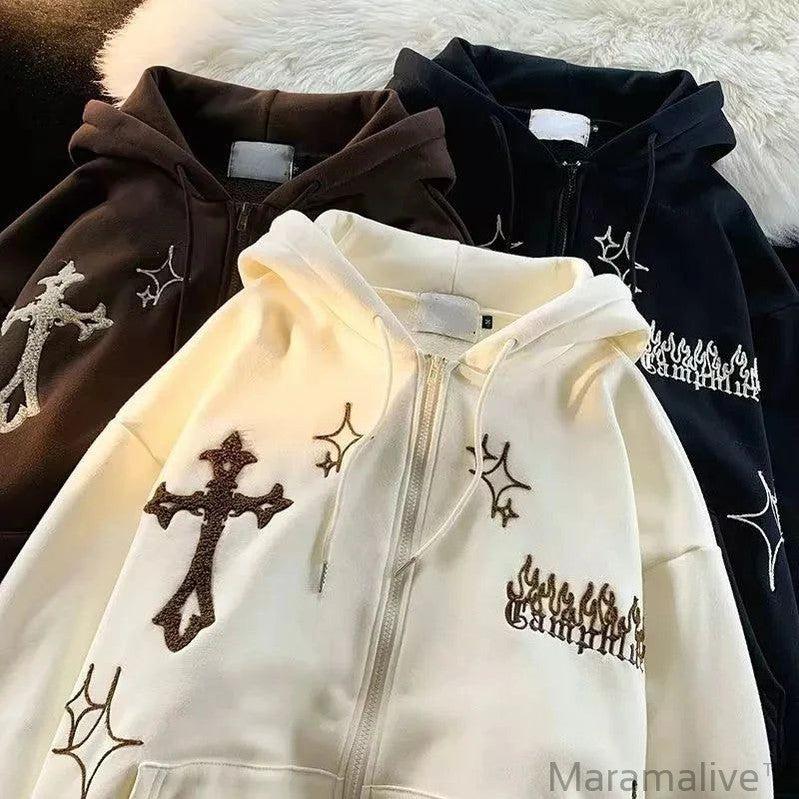 Goth Embroidery Hoodies Women High Street Retro Hip Hop Zip Up Hoodie Loose Casual Sweatshirt Hoodie Clothes Y2k Tops