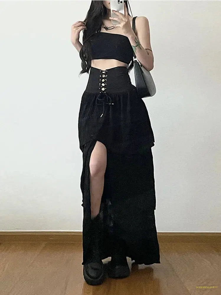 Goth Emo Alternative Gothic Cake Skirt Women Streetwear Harajuku High Waist Lace-up Corset Midi Skirt Y2k Cyber Punk Clubwear