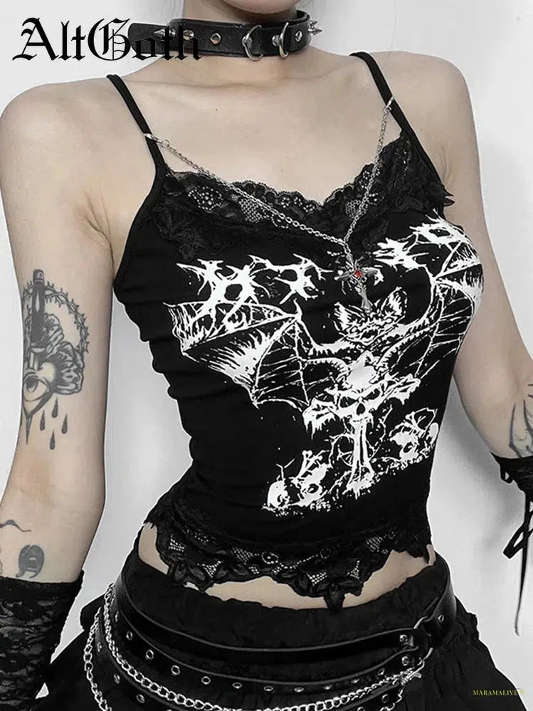 Goth Gothic Punk Camis Women Streetwear Harajuku Y2k Grunge Graphic Bat Printed Lace Patchwork Crop Tank Top with Chain Femme