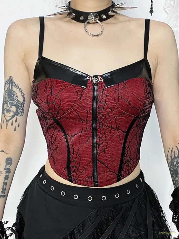 Goth Gothic Punk Red Camis Women Streetwear Harajuku Spiderweb Patchwork Crop Tank Tops Emo Alternative Grunge Rave Outfits