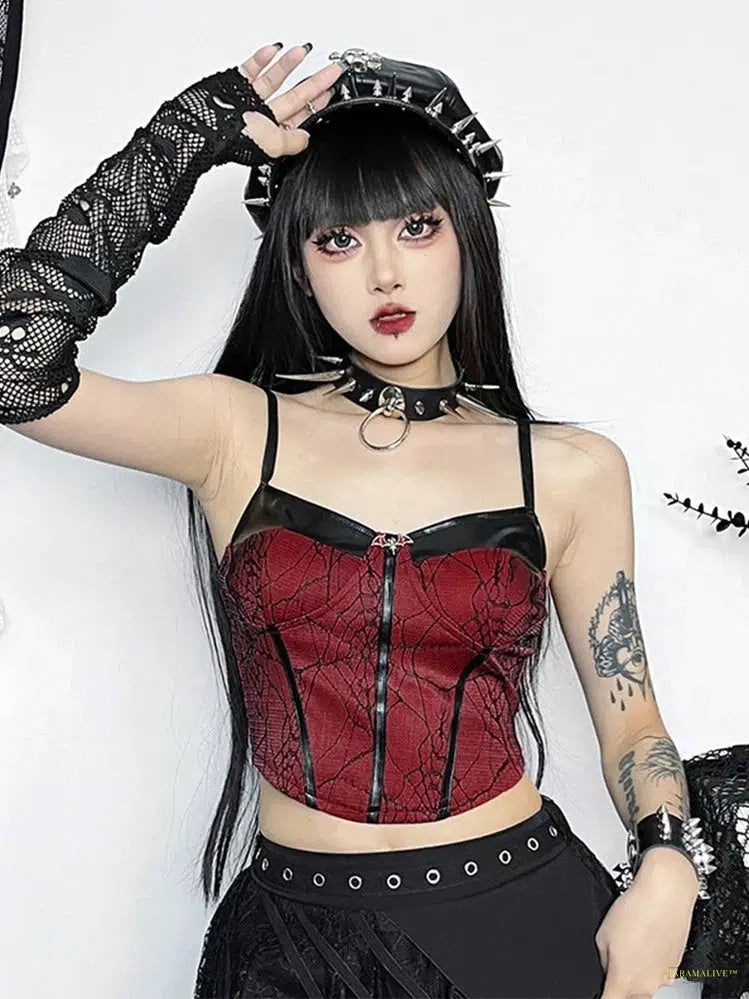 Goth Gothic Punk Red Camis Women Streetwear Harajuku Spiderweb Patchwork Crop Tank Tops Emo Alternative Grunge Rave Outfits