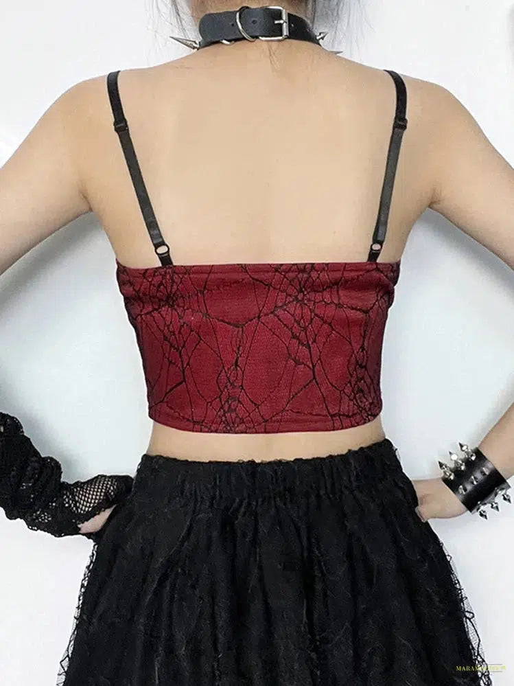 Goth Gothic Punk Red Camis Women Streetwear Harajuku Spiderweb Patchwork Crop Tank Tops Emo Alternative Grunge Rave Outfits