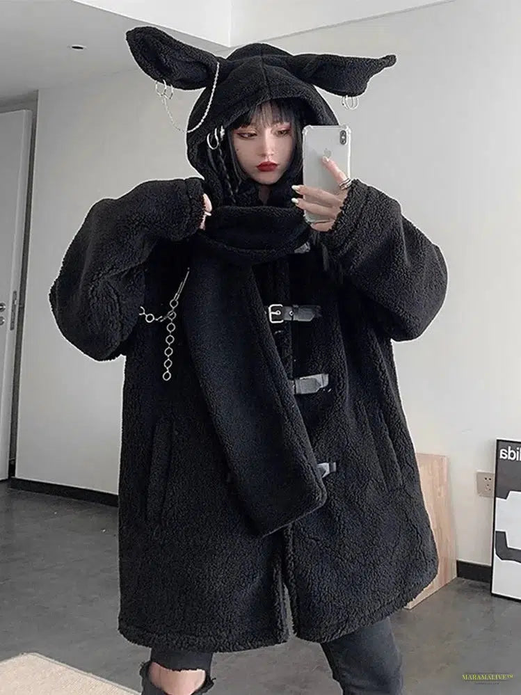 Goth Harajuku Y2k Neckerchief Women Vintage Mall Goth Grunge Cute Rabbit Cap Scarf Streetwear with Chain Emo Alt Wrap Female