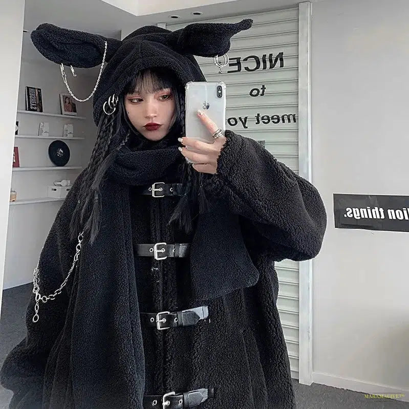 Goth Harajuku Y2k Neckerchief Women Vintage Mall Goth Grunge Cute Rabbit Cap Scarf Streetwear with Chain Emo Alt Wrap Female