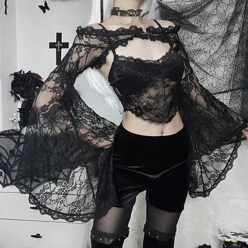 Goth Long Sleeves Smock T Shirt Vintage Black Lace One Shoulder Grudge Aesthetic Overall Y2K Crop Top