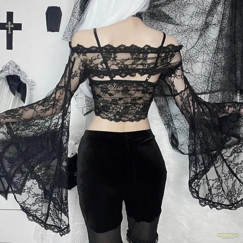 Goth Long Sleeves Smock T Shirt Vintage Black Lace One Shoulder Grudge Aesthetic Overall Y2K Crop Top